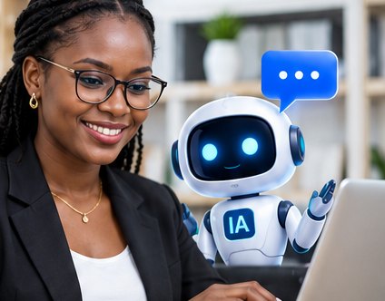 Une professionnelle souriante travaille sur son ordinateur avec l'aide d'un robot assistant IA