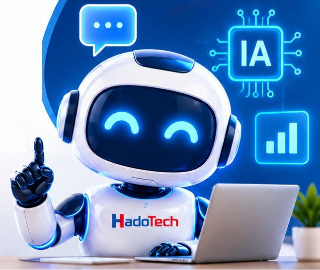 Robot assistant HadoTech devant un ordinateur portable, entouré d'icônes de discussion, d'IA et de statistiques